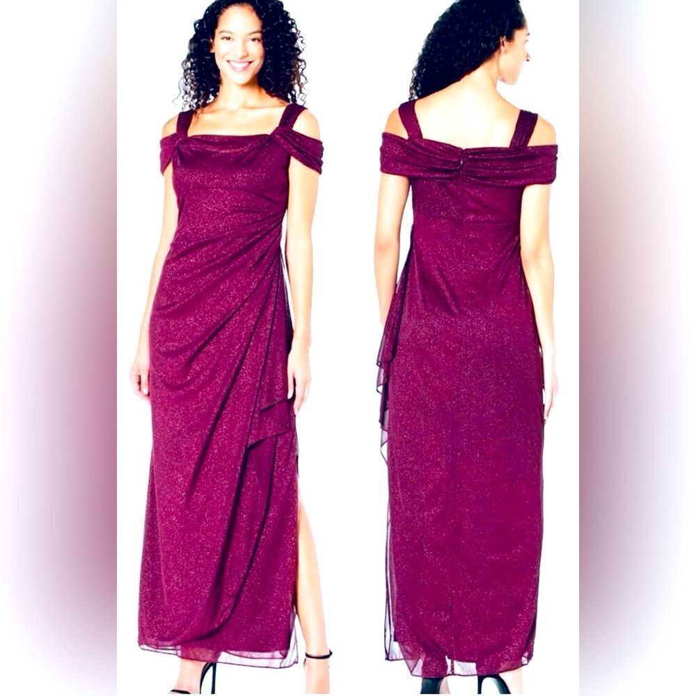 Alex Evenings Burgundy Sparkle Off-Shoulder Maxi Dress